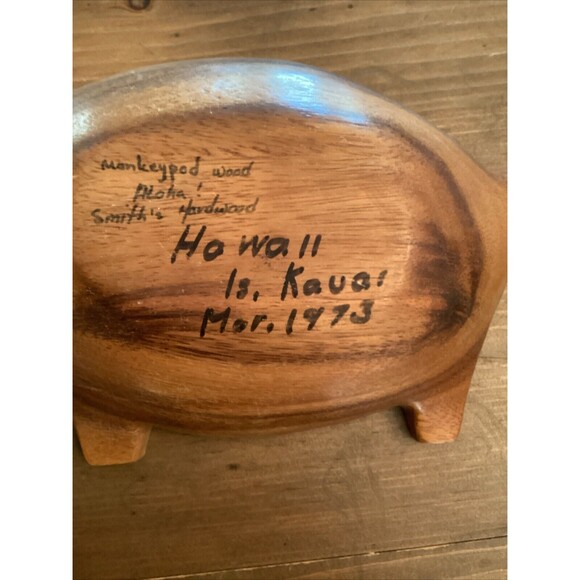 VINTAGE MONKEY POD WOOD PIG SHAPED BOWL  7” X 12” HAWAII FARMHOUSE RUSTIC - Picture 5 of 5